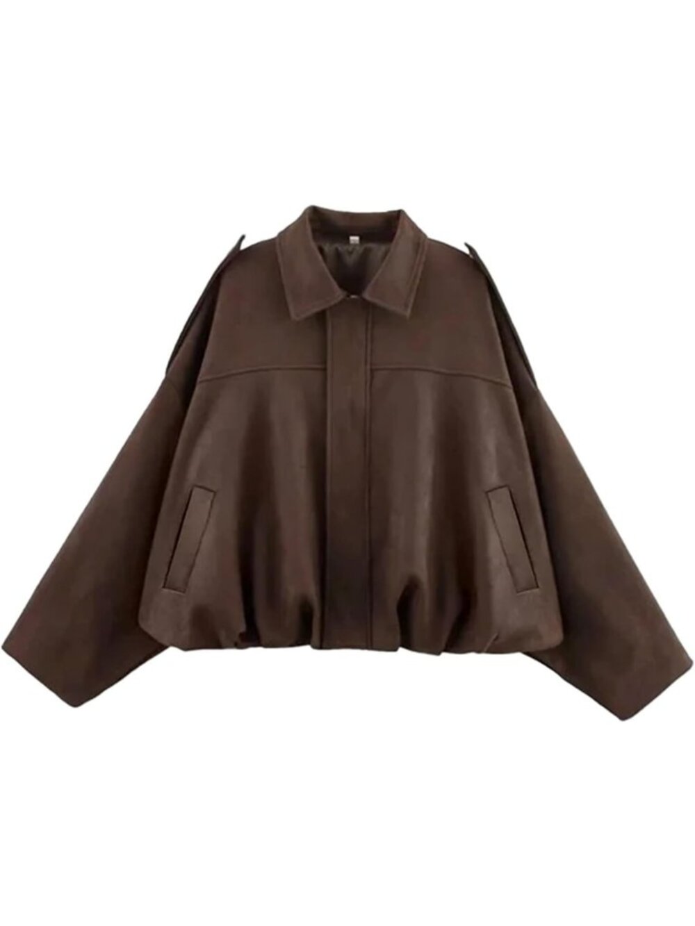 Womens Coffee Faux Suede Oversized Collar Cropped Batwing Sleeves Bomber Jacket